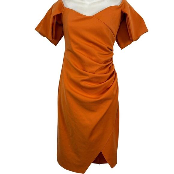 Asos Design Womens Orange Ruched Off The Shoulder Puff Sleeve Sheath Dress sz 10 - Picture 1 of 16